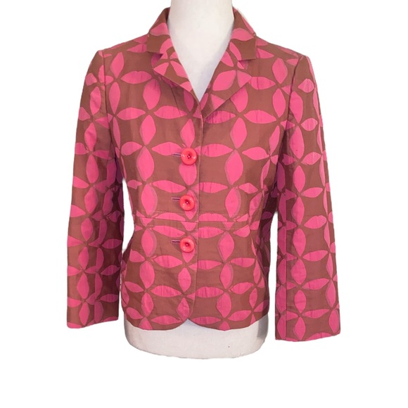 OOAK J. Crew Coral Pink Geometric Floral Jacquard Woven Cropped Blazer - 6 - Picture 11 of 11